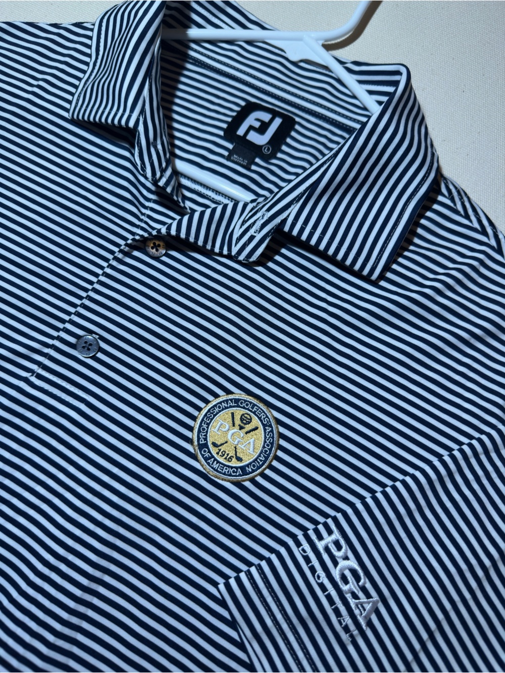 FootJoy Men’s Navy and White Striped Golf Polo x PGA Emblem